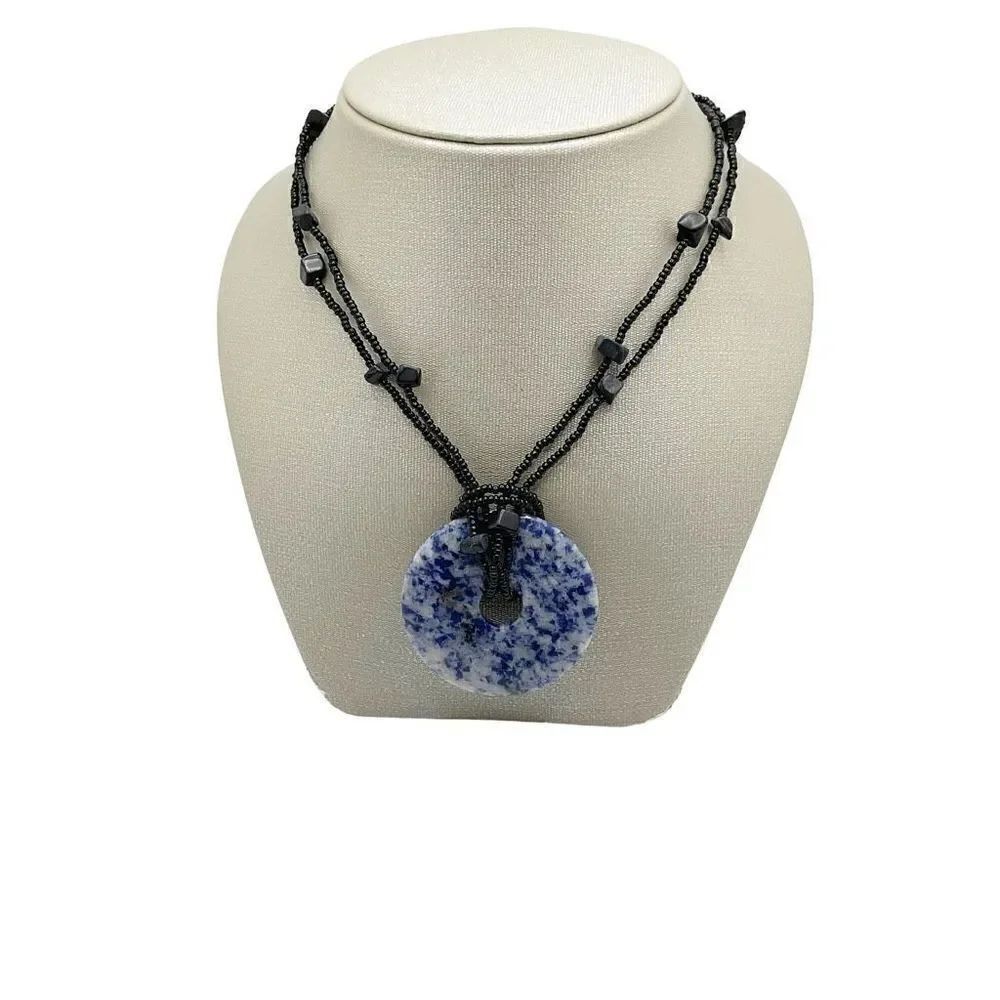 Sodalite Necklace Blue White Natural Stone Donut Pendant Black Beaded Chain